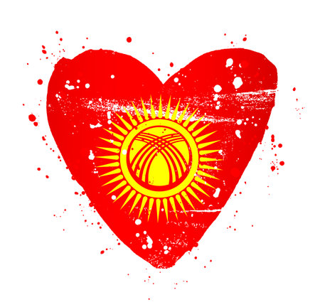 Updated flag of Kyrgyzstan in the shape of a large red heart painted with a hand brush. Red canvas with a round golden sun and 40 rays in the center. Inside the solar disk is a tundyuk - a Kyrgyz yurt. Vector illustration.のイラスト素材