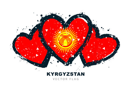 New Kyrgyz flag in the shape of three hearts is hand-painted. Red canvas with a round golden sun and 40 rays in the center. Inside the solar disk is a tundyuk - a Kyrgyz yurt. Vector illustration.のイラスト素材