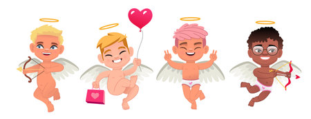 Set of four cute little cupids. Design elements for Valentine's Day - February 14th. Happy angels with wings and halos over their heads. Vector illustration on a white background.のイラスト素材