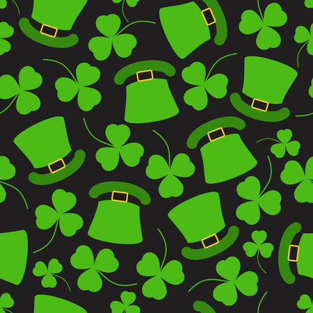 St. Patrick's Day. Amazing seamless vector pattern of green leprechaun hats and shamrocks. Lucky clover. Design elements for an Irish party.のイラスト素材