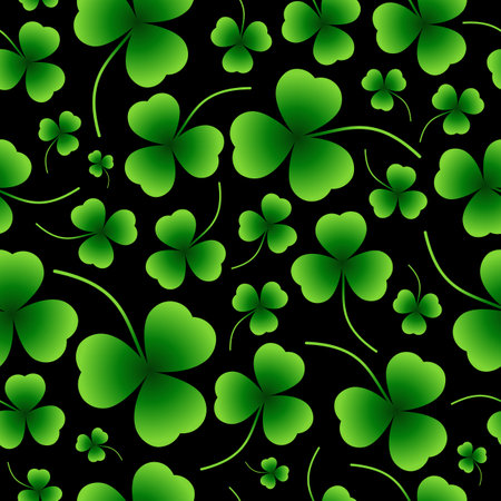 Seamless vector pattern of green shamrocks on a black background. Design elements for a Happy St. Patrick's Day. Lucky clover. Eco-friendly natural background.のイラスト素材