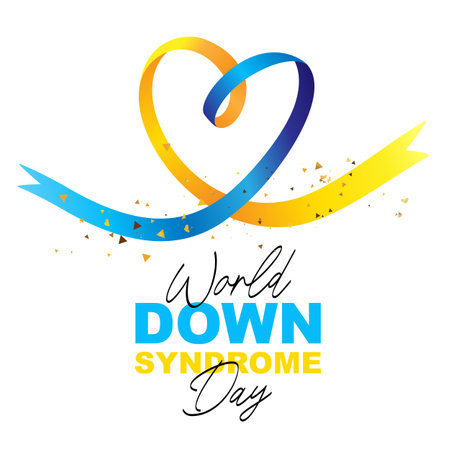 Blue and yellow ribbons formed a heart handicap. World Down Syndrome Day. Lettering and calligraphy. Elements for the design of a greeting poster. Vector illustration on a white background.のイラスト素材