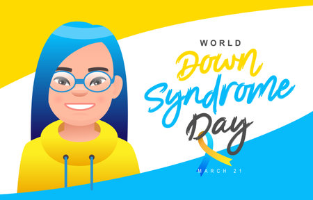 Beautiful little girl with glasses, blue hair and a yellow sweater. World Down Syndrome Day, March 21st. Sunny child. Vector illustration.のイラスト素材