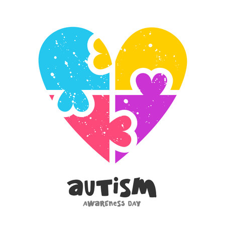 Colorful puzzle with hearts in the shape of a heart. Autism Awareness Day. Lettering. Elements for the design. Vector illustration on a white background.のイラスト素材