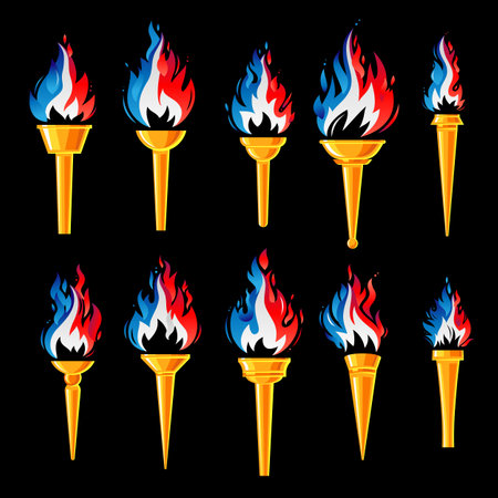 Set of golden torches with a blazing fire in the colors of the flag of France. French flame torch of the champion's victory. Flame icons. Blue-white-red fiery flame. Vector illustrationのイラスト素材