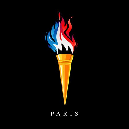 Modern golden torch with a blue-white-red fiery flame. Blazing fire in the colors of the flag of France. French flame torch of the champion's victory. The flame icon. Vector illustrationのイラスト素材