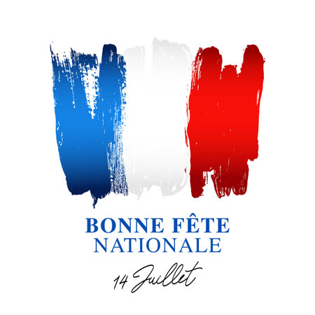 Flag of France, hand-painted with a brush. July 14 - a national holiday - inscription is in French. Bastille Day. Vector illustration on a white background.のイラスト素材