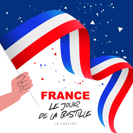 Human hand is holding a French flag. Bastille Day on July 14 - inscription in French. National holiday in France. Festive confetti. Vector illustration.のイラスト素材