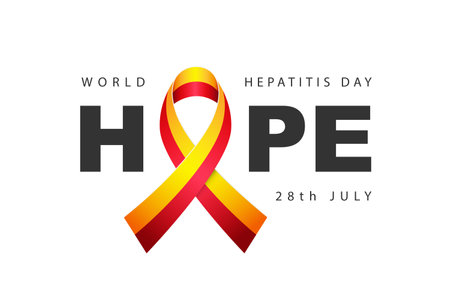 The word - Hope. Striped yellow-red awareness ribbon instead of the letter O in the word Hope. July 28th. World Hepatitis Day. Inflammatory liver disease. Vector illustration on a white background.のイラスト素材