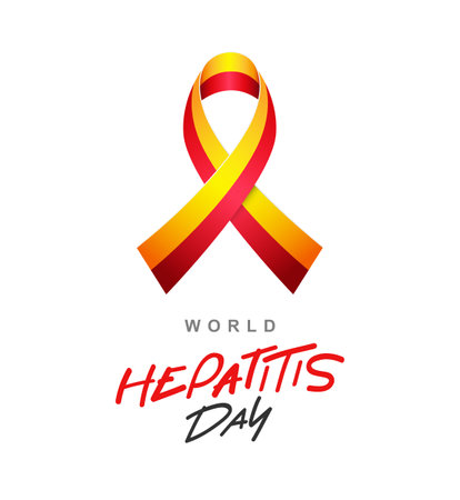 World Hepatitis Day. Yellow-red awareness ribbon. Stylish lettering. Inflammatory liver disease. Vector illustration on a white background.のイラスト素材