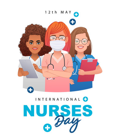 International Nurses Day - May 12. Three beautiful young nurses with stethoscopes, wearing a protective mask, with a patient's chart and a clipboard in their hands. Vector illustration.のイラスト素材