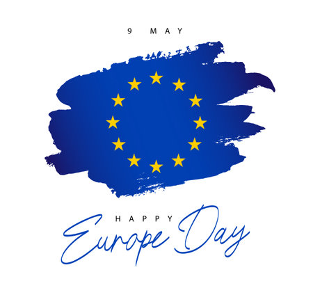 Happy European Day - May 9th. Hand-drawn European flag. 12 yellow stars. Smears of blue paint. Vector illustration on a white background.のイラスト素材