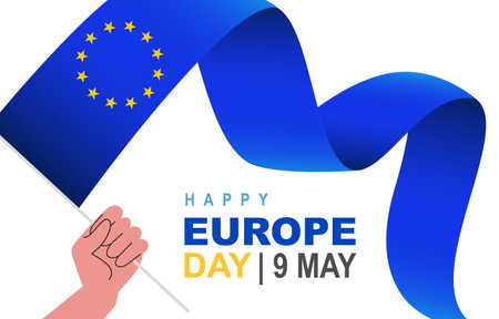 A human hand holds the waving flag of Europe. 12 five-pointed yellow stars. 9th May. Happy Europe Day. Vector illustration on a white background.のイラスト素材