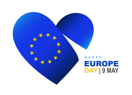 Big blue heart with 12 five-pointed yellow stars is a symbol of the flag of Europe. Happy Europe Day on May 9th. Vector illustration on a white background.のイラスト素材
