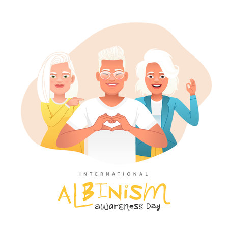 Group of three young albino people. Two beautiful girls and young man with glasses with white hair, eyebrows and eyelashes. International Albinism Awareness Day.のイラスト素材