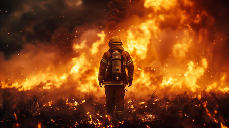 A firefighter walks through a field of burning grass. A firefighter is in the epicenter of a raging forest fire. The firefighter is wearing a special protective fire-fighting suitの素材