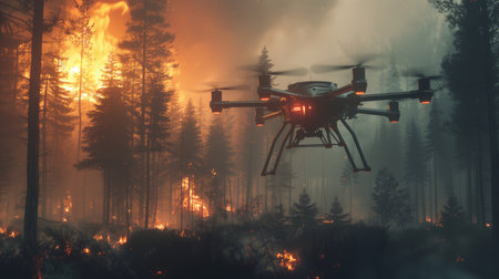A drone is flying over a forest that is on fire. The drone is equipped with a camera and is capturing footage of the fire. Scene is tense and ominous, as the fire is spreading rapidlyの素材