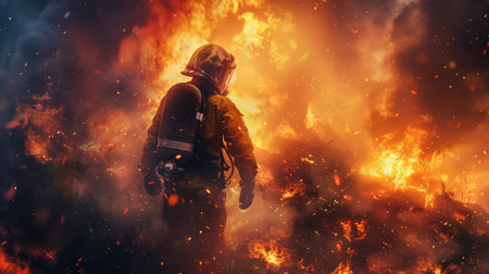 A brave firefighter is walking on burning ground, in heavy smoke. Yellow and red flames destroy everything around. The scene is intense and dramaticの素材