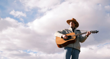 A smiling guitarist in a cowboy hat against a background of blue sky and white clouds. A single...