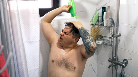 Hairy fat guy takes a shower. A man pours shampoo from a green bottle on his head and sings songs in...