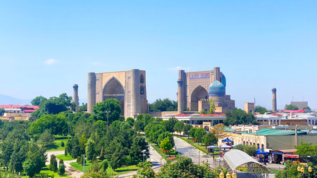 Amazing panoramic view of the majestic Bibi Khanum Mosque. The largest mosque in Central Asia. Friday Mosque of Samarkand - thousands of Muslim men came hereの写真素材