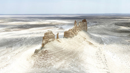 Second observation deck "Dragon's Crest" of the Bozzhyra tract. Unique and amazing natural landscape. A trip to Kazakhstan. Top view of the main attraction in Mangystauの写真素材