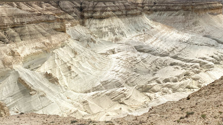 Extraterrestrial surface of the Bozzhira tract is a unique natural phenomenon in Kazakhstan. White rocky limestone rocks, dried in the sun for centuries. Desolate, rocky areaの写真素材