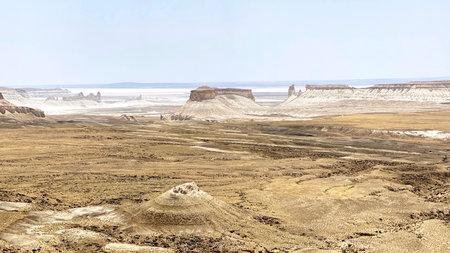 The Bozzhira tract is a unique space extraterrestrial landscape in Kazakhstan. The wild desert area of the giant Ustyurt plateau. The former bottom of the ancient Tethys Ocean.の写真素材