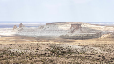 Aerial view of limestone rocks in the Bozzhira tract. A desolate fantasy landscape. The bottom of the ancient Tethys Ocean. The Ustyurt plateau. The extraterrestrial landscapeの写真素材