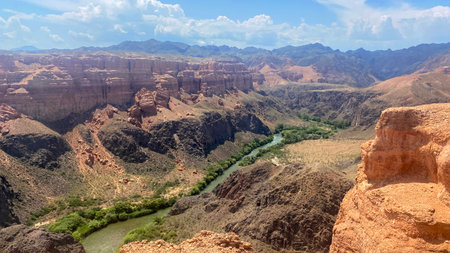 Breathtaking aerial view of the Charyn River. Charyn Canyon Nature Reserve. Tourism in Kazakhstan. An amazing wild, lifeless area. The scene is serene and peacefulの写真素材