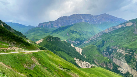 Scenic view of the road to the village of Laza in Azerbaijan. High inaccessible mountains, cliffs...