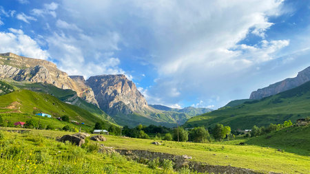 Laza village is located in the Qusar region of northern Azerbaijan and is famous for its pastures, beautiful mountain views and mesmerizing waterfalls. Beautiful mountain rangeの写真素材