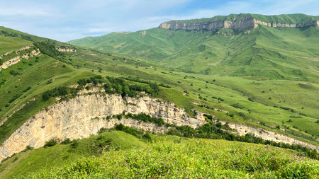Scenic views along the way from Laza village to Kuzun village in Azerbaijan. Unique mountains, ridges and green slopes. Travel and adventure. Freedom and tourismの写真素材
