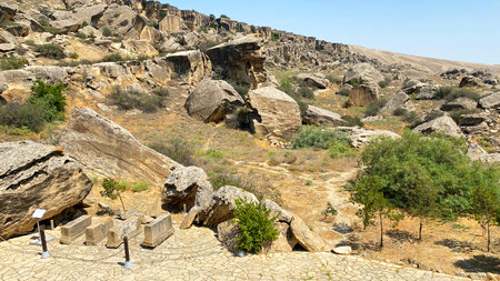 Gobustan National Historical and Artistic Reserve is an archaeological site in Azerbaijan, known for its thousands of rock carvings, ancient sites and mounds, testing to the life of primitive people.の写真素材