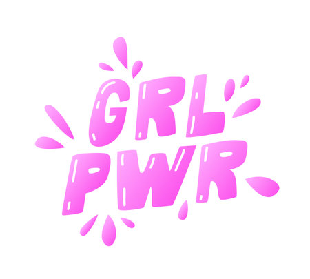 Pink bubble gum inscription "girl power" on a white background. Lettering is bold and playful, with drops of pink color that add a cheerful and inspiring atmosphere to the message.のイラスト素材