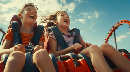 Two children are riding a roller coaster and laughing in fear. Brother and sister have fun at the amusement park on a sunny summer day. The scene is joyful and funny.の素材