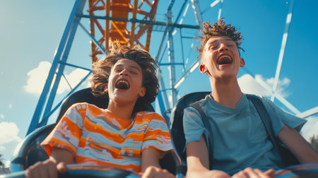 Two funny friends are riding a roller coaster and laughing. Teenagers are having fun at an amusement park. Summer holidays. The scene is joyful and funnyの素材
