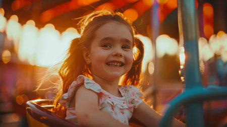 A young girl is smiling and sitting on a children's train in an amusement park at sunset. The scene is bright and cheerful, the sun illuminates the girl and the carousel. Summer entertainmentの素材