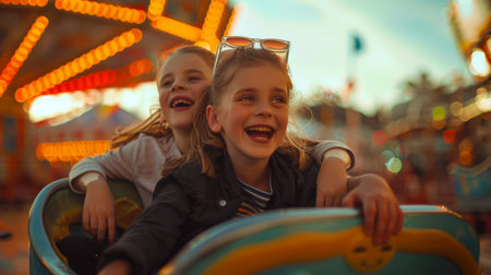 Two cute sisters ride on a carousel in an amusement park and smile. The scene is happy and joyful. Family weekend. Children's holidays.の素材