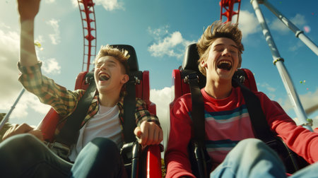 Two funny boys are riding a roller coaster and laughing. Two friends are spending time at an amusement park. The scene is joyful and funny. Summer holidays.の素材