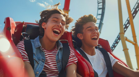 Two teenage friends ride a roller coaster and laugh. The scene is joyful and funny. Two young people are having fun at an amusement park. Summer entertainmentの素材