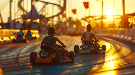 Two guys compete on a go-karting track at sunset. Summer entertainment at the amusement park. The students are on vacation. In the background, you can see the sun settingの素材