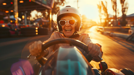 An elderly woman with a big smile on her face drives a go-kart at sunset. The sun is shining brightly, the woman is wearing sunglasses and a helmet. The scene is lively and cheerful, it conveys a feeling of joy and excitementの素材