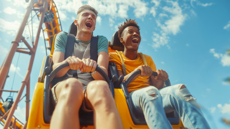 Two friends, a white guy and a black guy, are enjoying their time at the amusement park. Two young people ride a roller coaster on a sunny summer day. The scene is fun and exciting. Have a fun weekendの素材