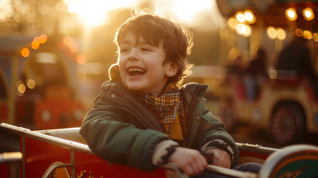 A little boy is sitting on a red carousel, smiling and laughing. The scene is bright and cheerful, the sun illuminates the boy and the surroundings. A children's steam train in an amusement park.の素材