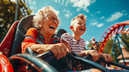 Grandma and grandson have fun on the roller coaster. A happy elderly woman with glasses and a little boy ride a roller coaster at an amusement park. A sunny summer dayの素材