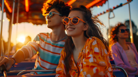 A young couple in love on a date at an amusement park. A guy and a girl ride on a carousel at sunset. Summer entertainmentの素材