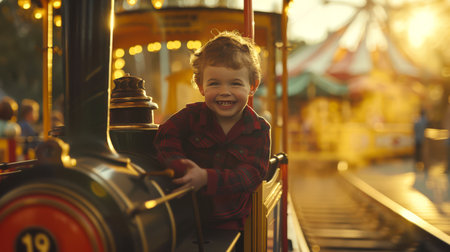 A pretty little cute boy is sitting in the carriage of a children's train, smiling and looking around. The train is surrounded by a carnival atmosphere, bright lights and colorful decorations. The concept of joy and excitementの素材