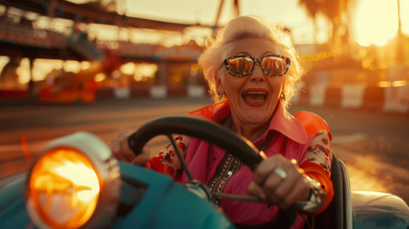 An elderly cheerful stylish fashionable woman in a pink shirt and sunglasses goes karting. Summer entertainment. She is smiling and enjoying what is happeningの素材