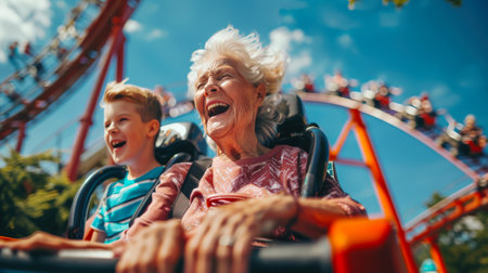 An old gray-haired woman and a little boy ride a roller coaster. Grandma and grandson have fun at the amusement park. The scene is joyful and funny. Family weekendの素材